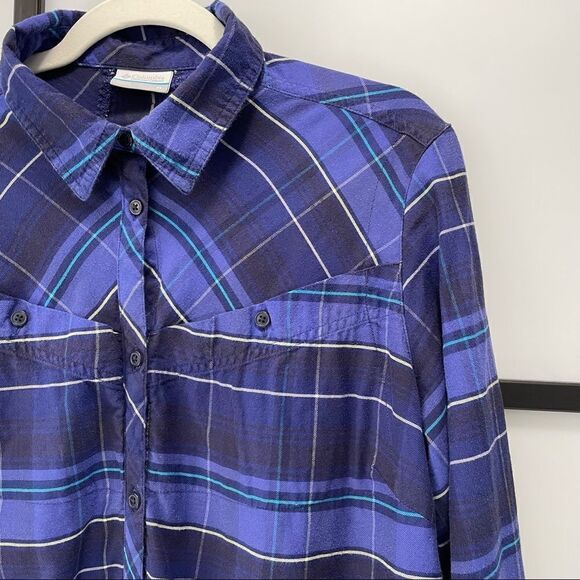 [xl] Columbia Women’s Purple Blue & White Plaid Long Sleeve Button Down Shirt - Picture 4 of 14